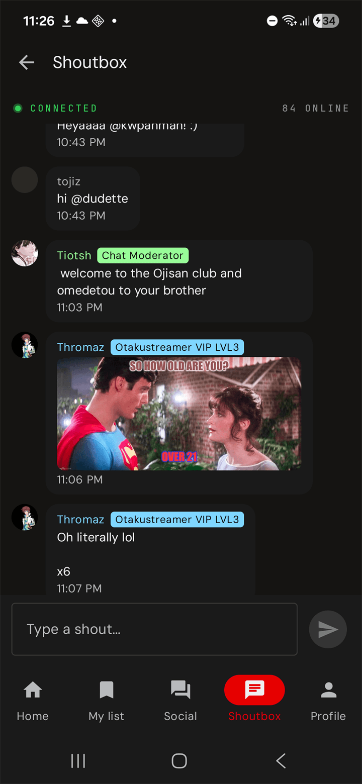Shoutbox — connected status, role-pilled messages, inline image embed